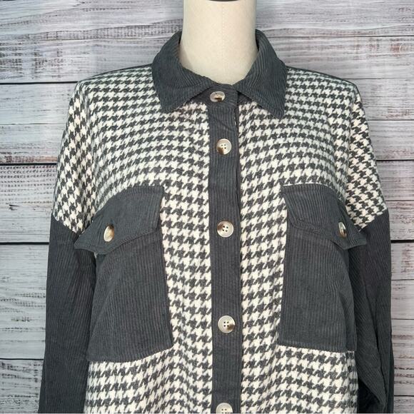 Plus Size 2X Corduroy Houndstooth Colorblock Shacket Jacket Gray and White - Picture 3 of 8